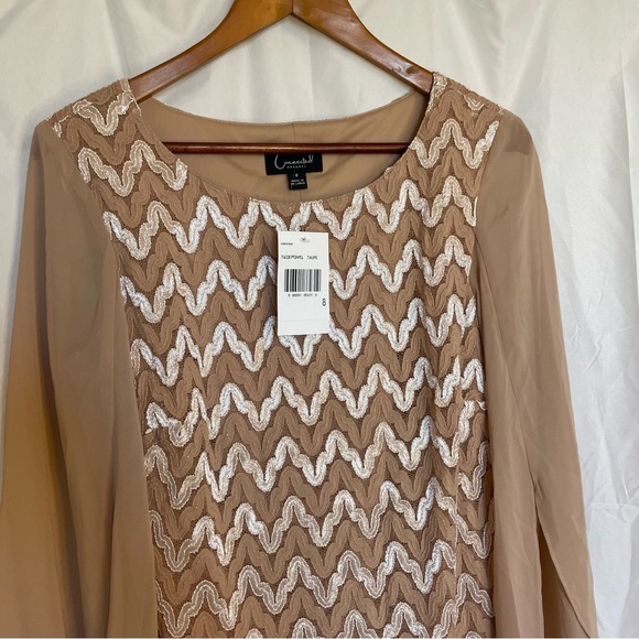 CONNECTED APPAREL Women’s Tan Cream Lace Sheath Dress Flowy Long Sleeve Size 8 - Picture 10 of 14